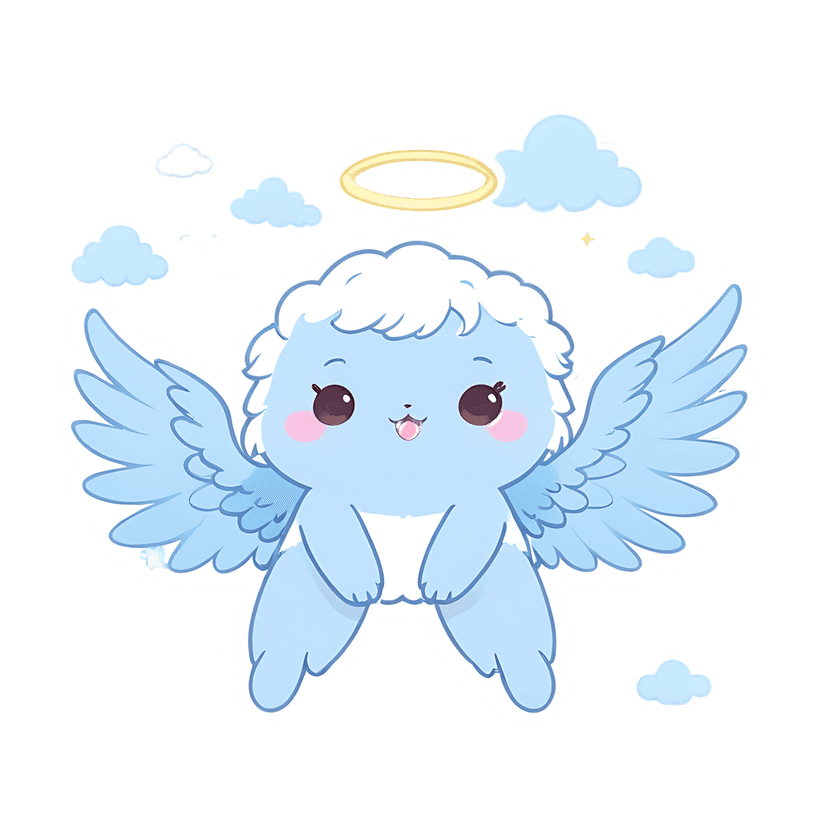 Blue fluffy angel sticker featuring a golden halo, feathered wings, and white hair floating amidst soft clouds.