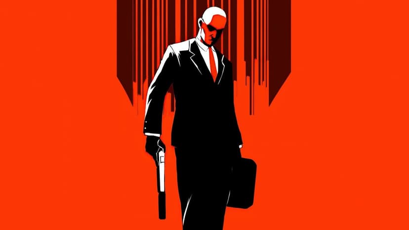 Agent 47 in a black suit holding a silenced pistol against a vibrant red background with a barcode motif.