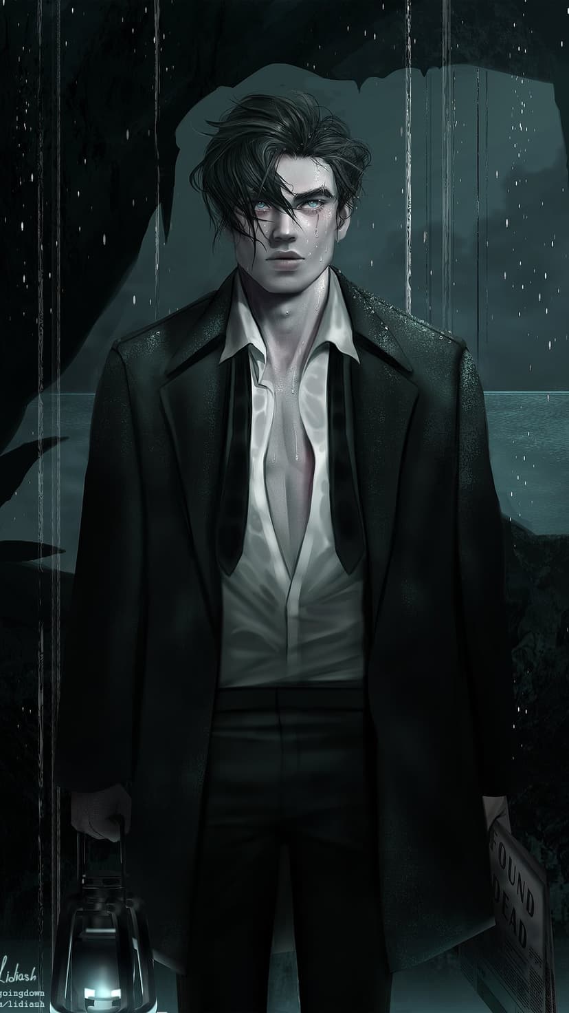 Brooding man in a trench coat holding a glowing lantern during a rainstorm at night in a gothic setting.