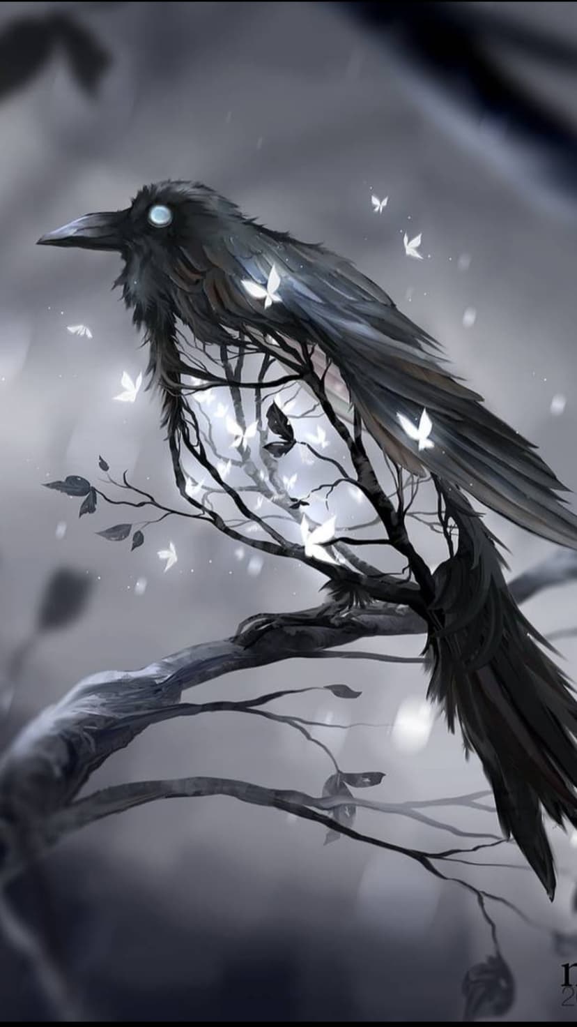 Black raven with a glowing eye sits on a twisted branch surrounded by luminous butterflies under soft moonlight.
