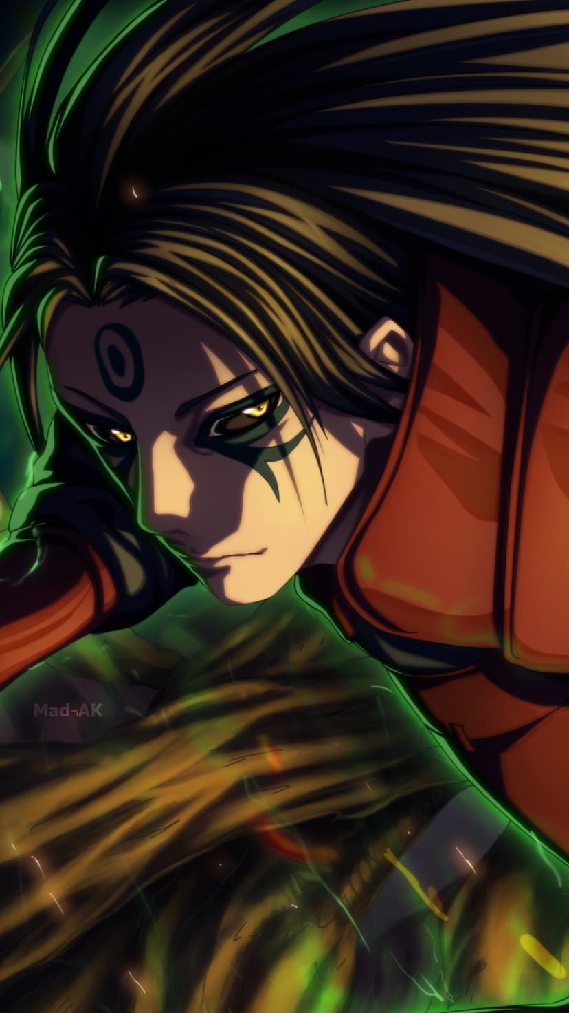 Dark-haired warrior with glowing yellow eyes, facial markings, and red attire amidst a vivid green aura.