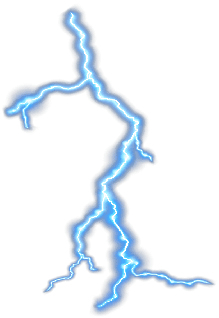 Blue lightning bolt icon features a sharp cyan electric shape with a vibrant outer glow and radiant light effects.