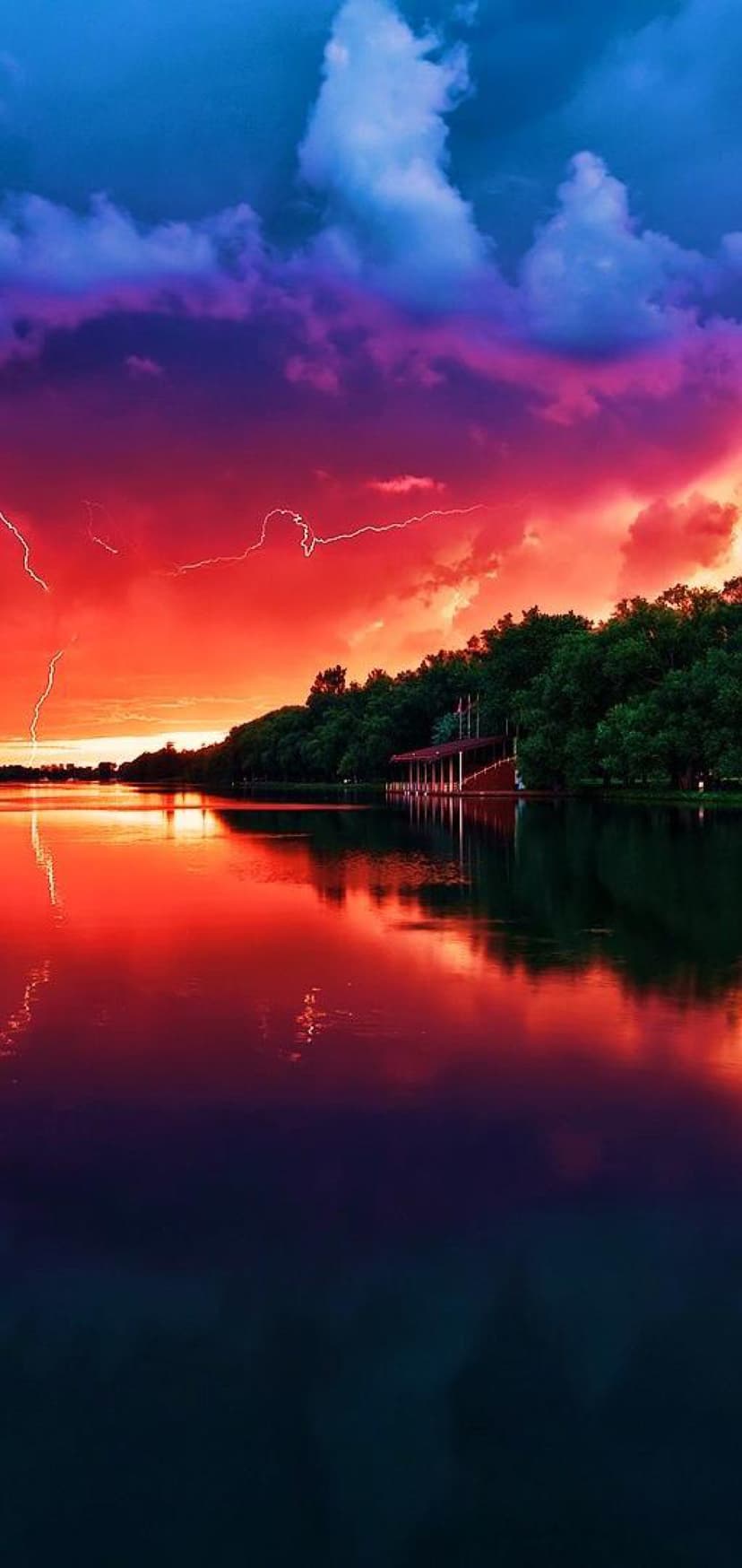 Crimson Storm Lake and Lightning Phone Background
