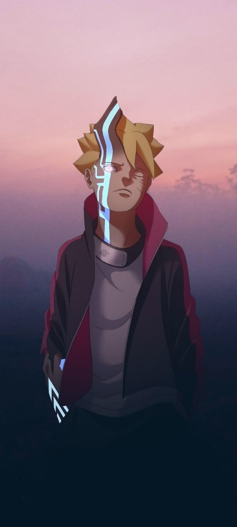 Boruto Uzumaki shows a glowing blue Karma mark on his face and arm during a vibrant orange and purple sunset.