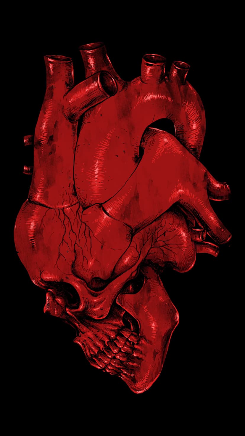 Anatomical human heart merging with a skeletal skull rendered in deep crimson against a solid black background.