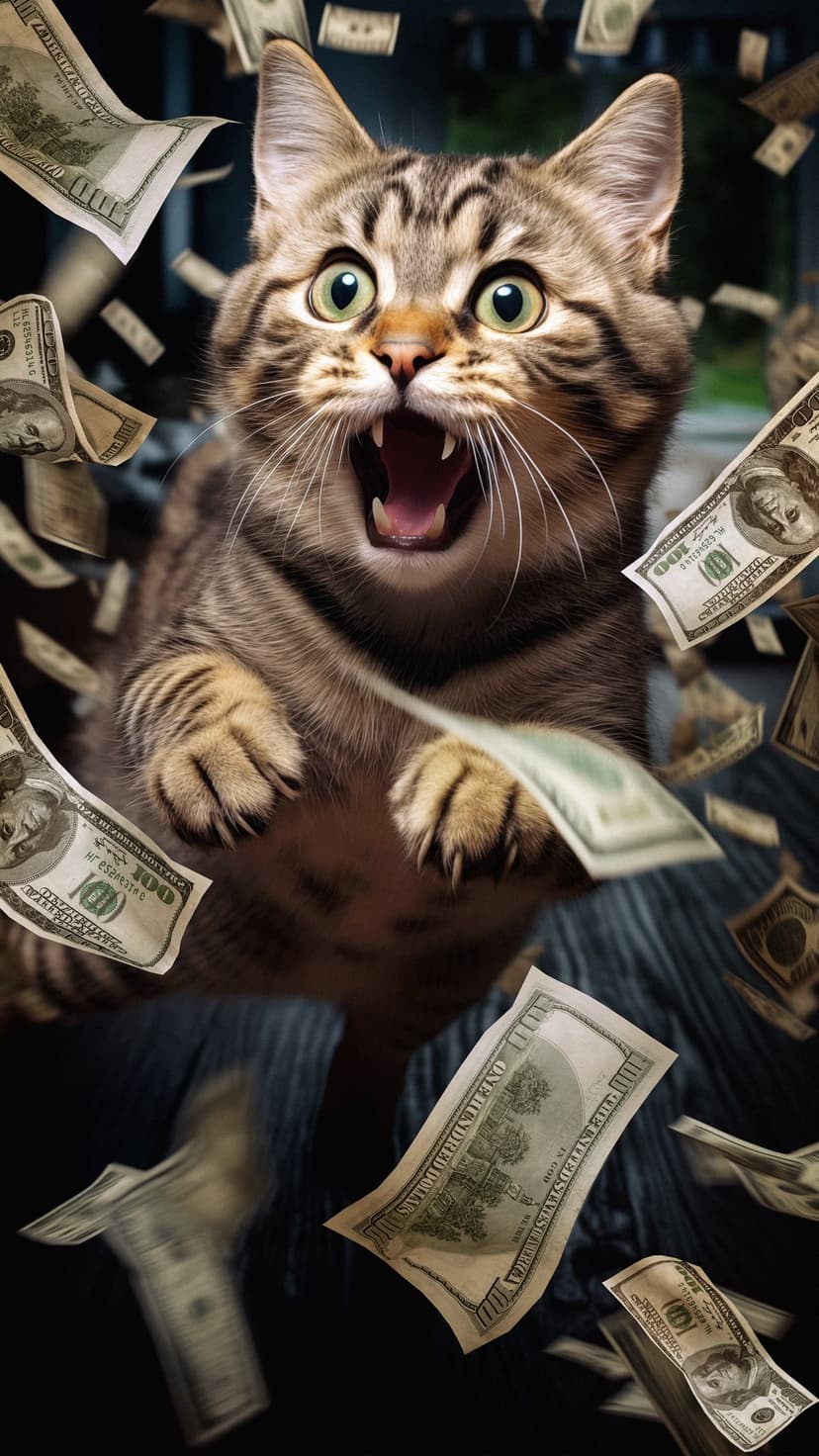 Tabby cat with wide eyes and an open mouth stares upward at floating US dollar bills in a flurry of green cash.