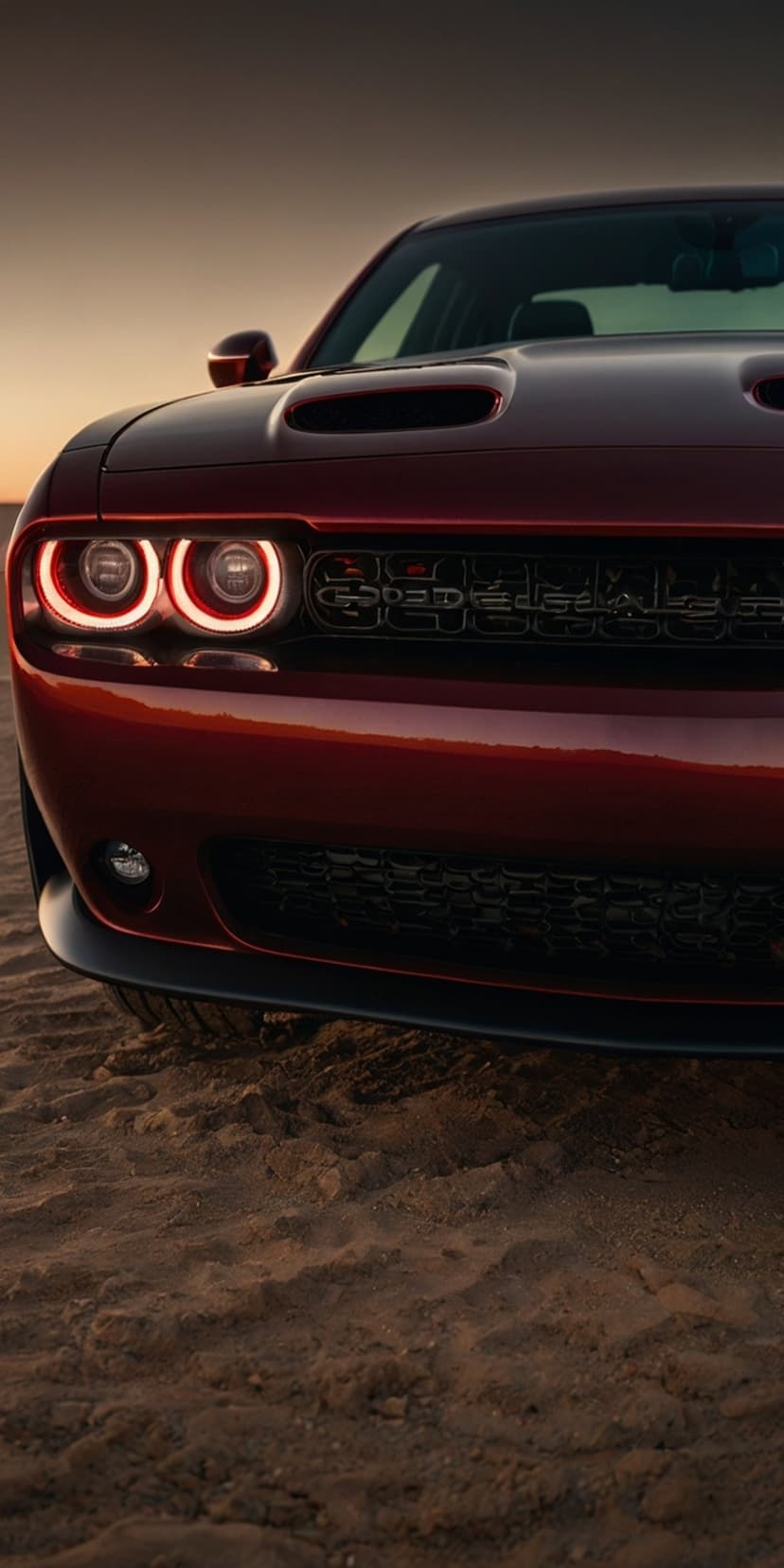 Red Dodge Challenger front end with glowing halo headlights parked on sand dunes during a golden hour sunset.