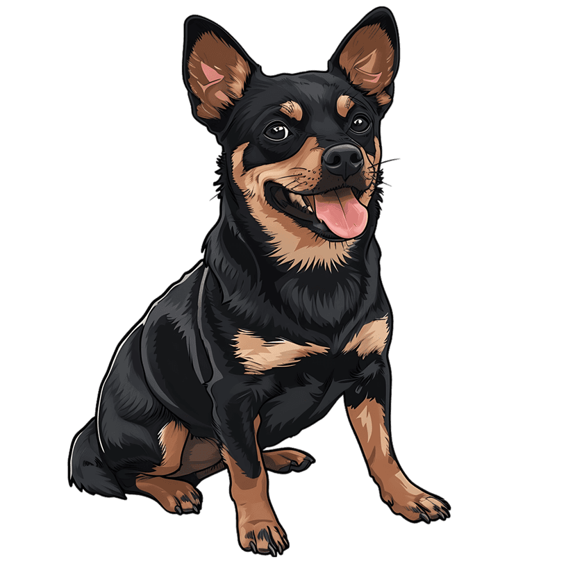 Black and tan dog illustration sitting with its tongue out, showing detailed fur textures and glossy eyes.