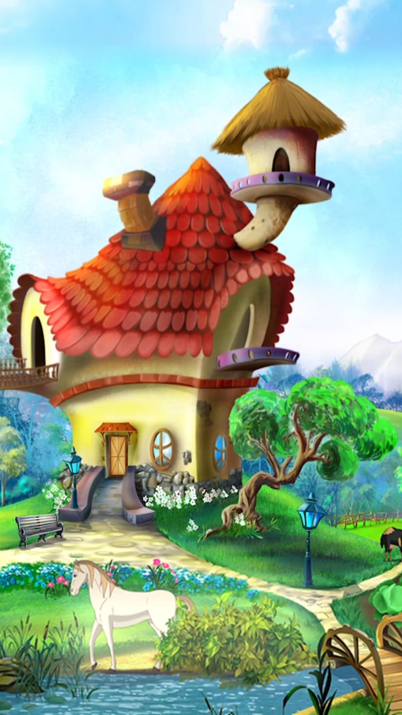 White horse grazing by a blue pond next to a whimsical mushroom-roofed cottage and distant blue mountains.