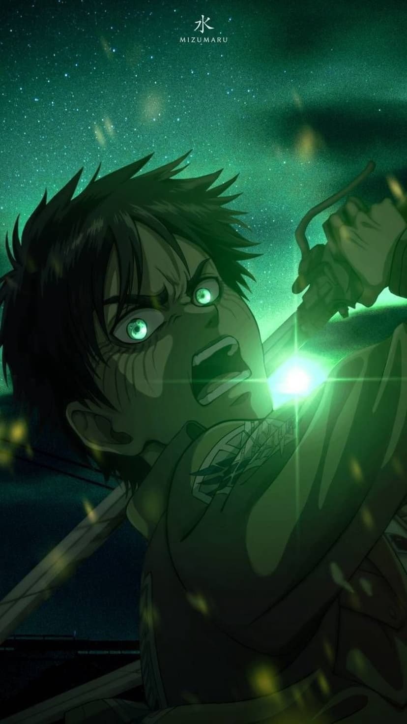 Eren Yeager with glowing green eyes stares intensely against a dark starry emerald sky during a dramatic moment.