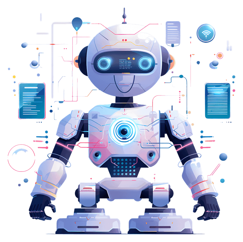 Artificial intelligence robot features a metallic humanoid torso with blue glowing internal circuitry components.