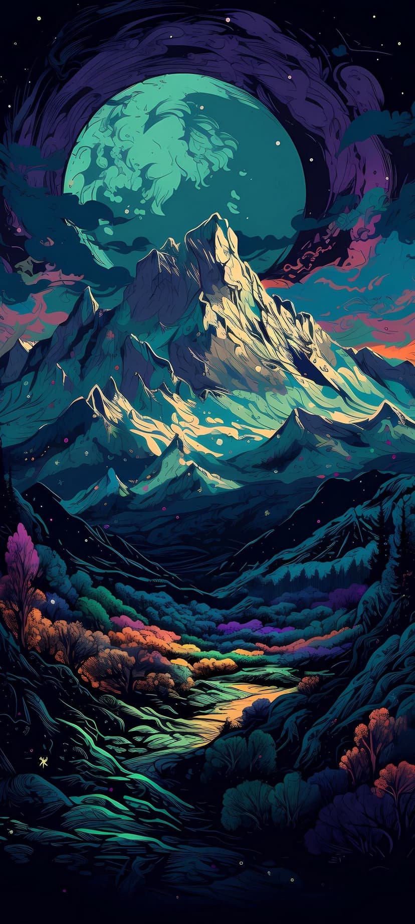 Glowing teal moon suspended over sharp mountain peaks with orange highlights and deep purple night sky shadows.