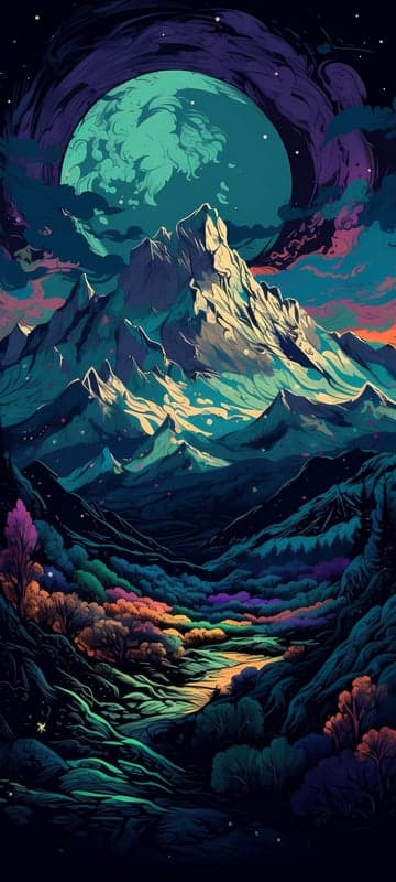 Surreal Mountain Landscape Under a Cosmic Moon