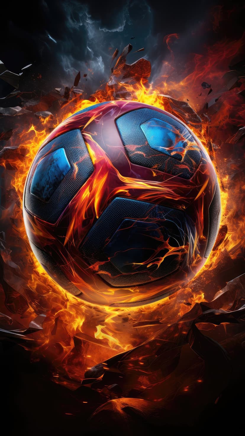 Soccer ball with glowing blue panels erupts in orange flames and dark smoke against a black background.