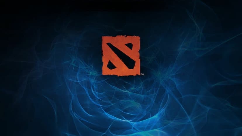 Orange Dota 2 logo centered over a dark blue background with glowing ethereal smoke swirls and wispy patterns.