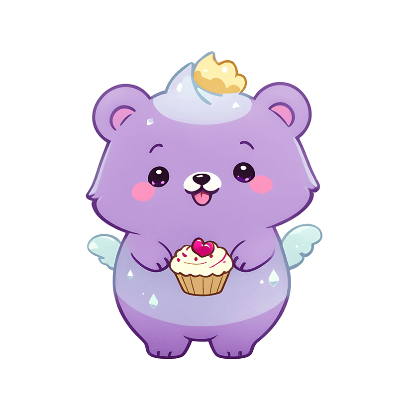 Purple bear sticker holding a cupcake features light blue wings, glossy textures, and a golden crown detail.