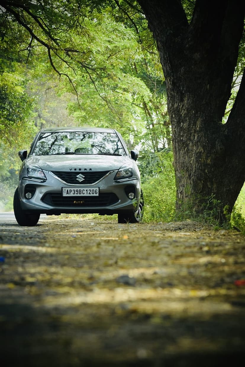 Silver Suzuki Baleno parked on a dirt forest road surrounded by dense green trees under soft natural light.