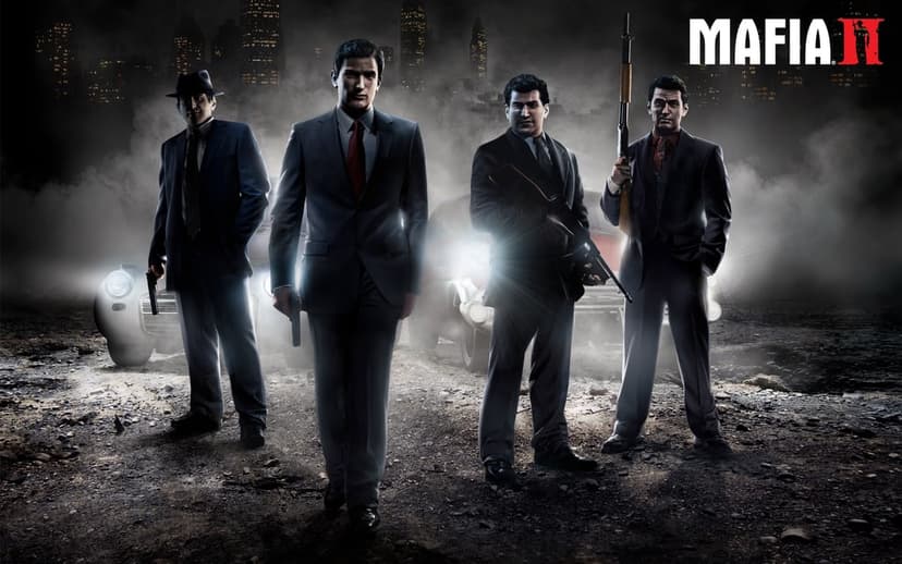 Four suited men holding weapons stand on a foggy city street at night with glowing car headlights behind them.