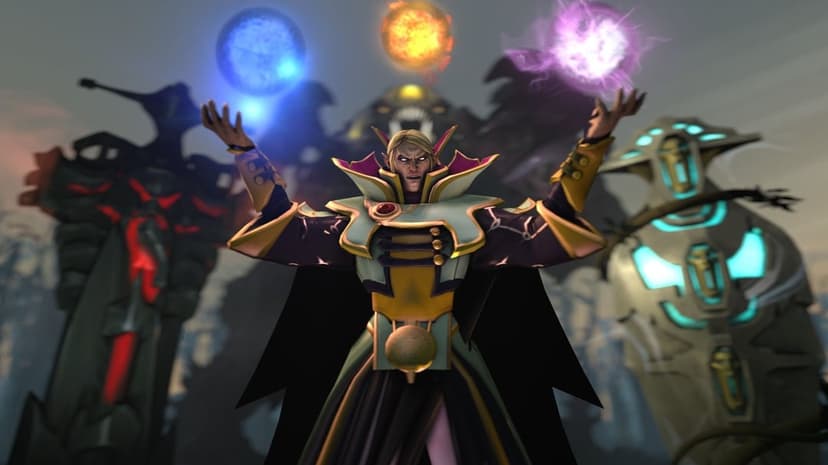Elven sorcerer conjuring blue, orange, and purple magical orbs between two massive stone guardians in the mist.