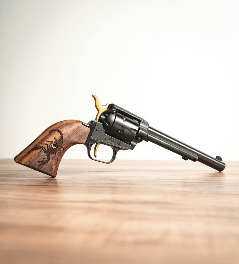 Scorpion engraved revolver with gold accents rests on a reflective wood surface against a stark white background.