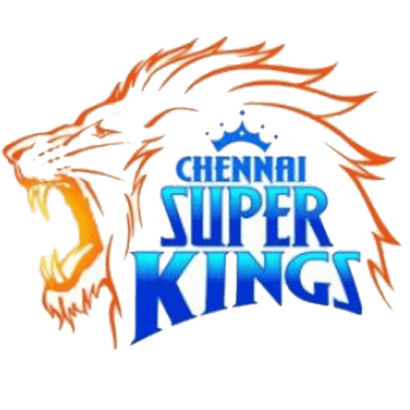 Chennai Super Kings logo featuring a roaring yellow lion with an orange mane and sharp blue typography.