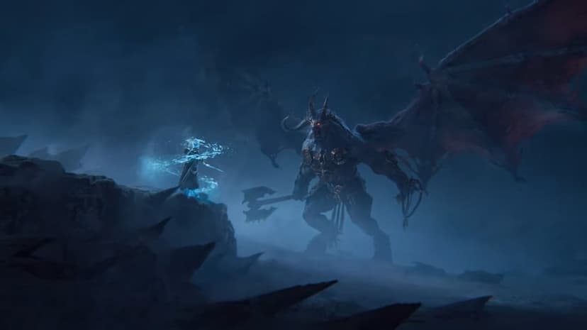A small mage casting blue magic faces a giant horned demon with red wings in a dark, misty mountain landscape.