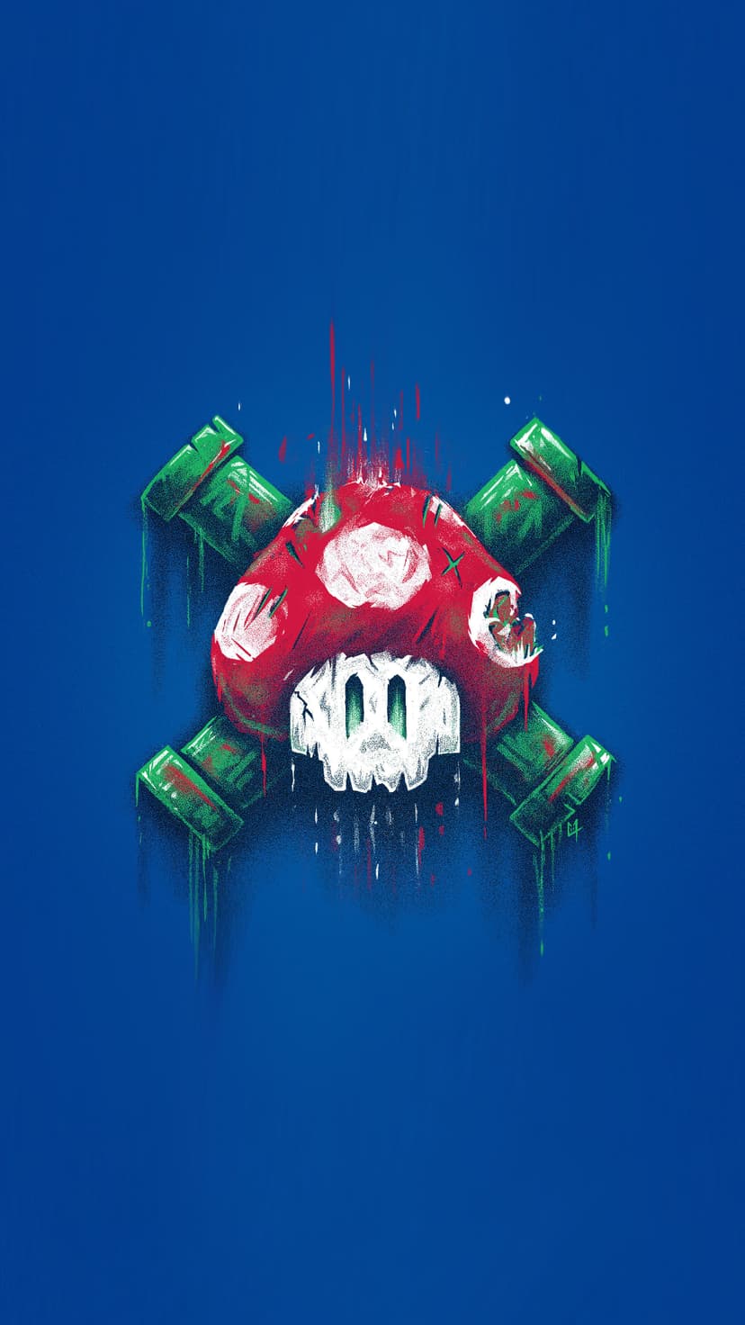 Skull-faced mushroom above crossed green pipes dripping red and green liquid against a bright blue background.