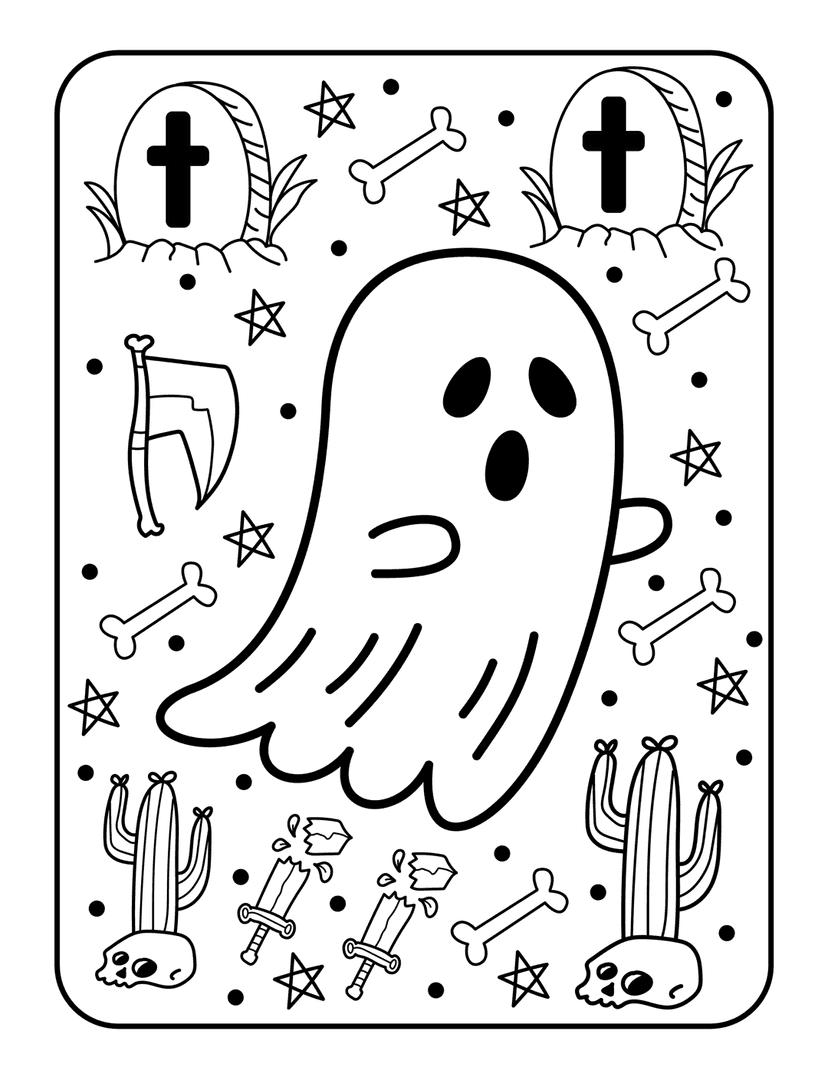 Halloween ghost coloring page featuring a smiling phantom, tombstones, skull cacti, and crescent moon line art.