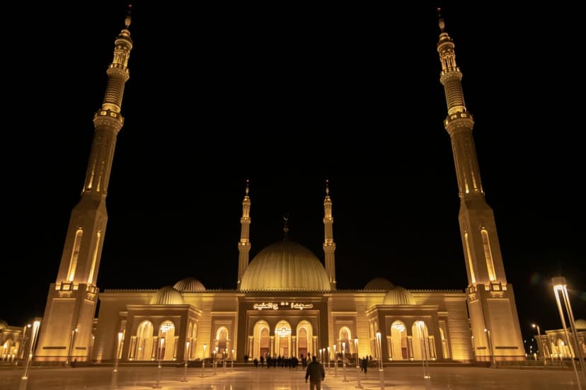 Tall minarets and a central dome glow with warm lights at night in a quiet stone courtyard of a large mosque.
