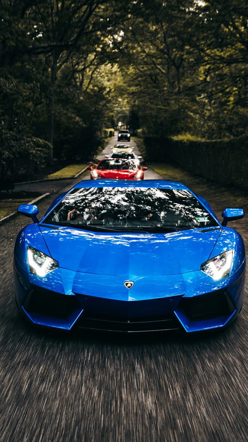 Blue Lamborghini supercar leads a line of sports cars on a paved road flanked by lush green trees and foliage.