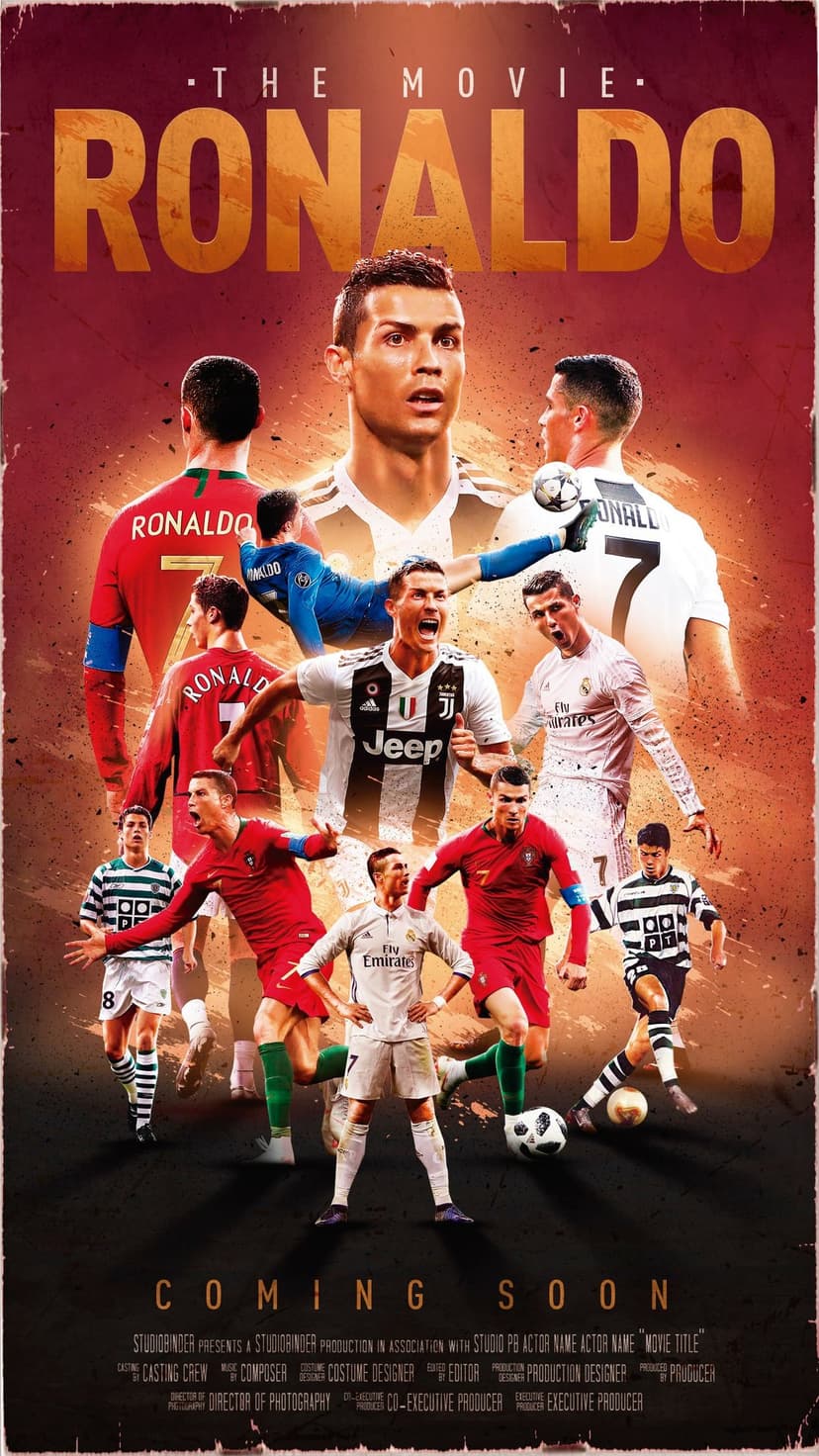 Cristiano Ronaldo wearing various football jerseys in a cinematic movie poster montage for vertical screens.