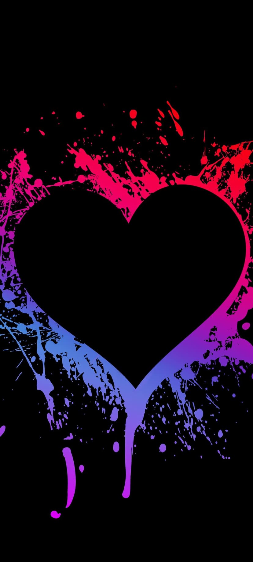 Black heart silhouette surrounded by vivid pink, red, and blue neon paint splashes on a dark background.