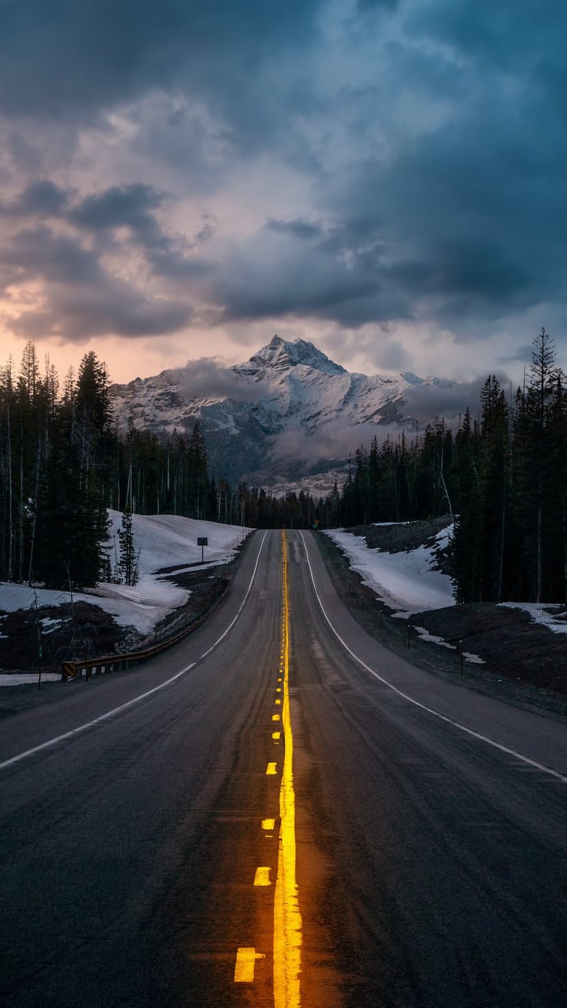 Wet asphalt highway leads toward snow-capped mountains under a dark, cloudy sky lined with deep green pine trees.