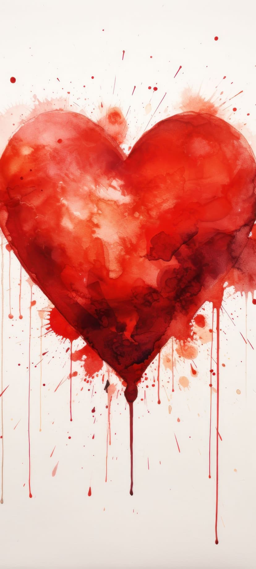 Crimson heart with vertical paint drips and fine splatters centered against a white, minimalist background.