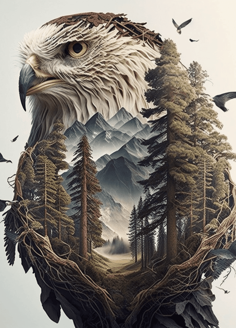 Eagle head silhouette featuring a dense pine forest and fog-covered mountains under a soft, overcast gray sky.