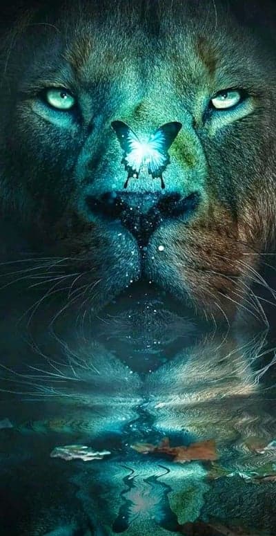 Majestic Lion and Butterfly in Mystical Reflection