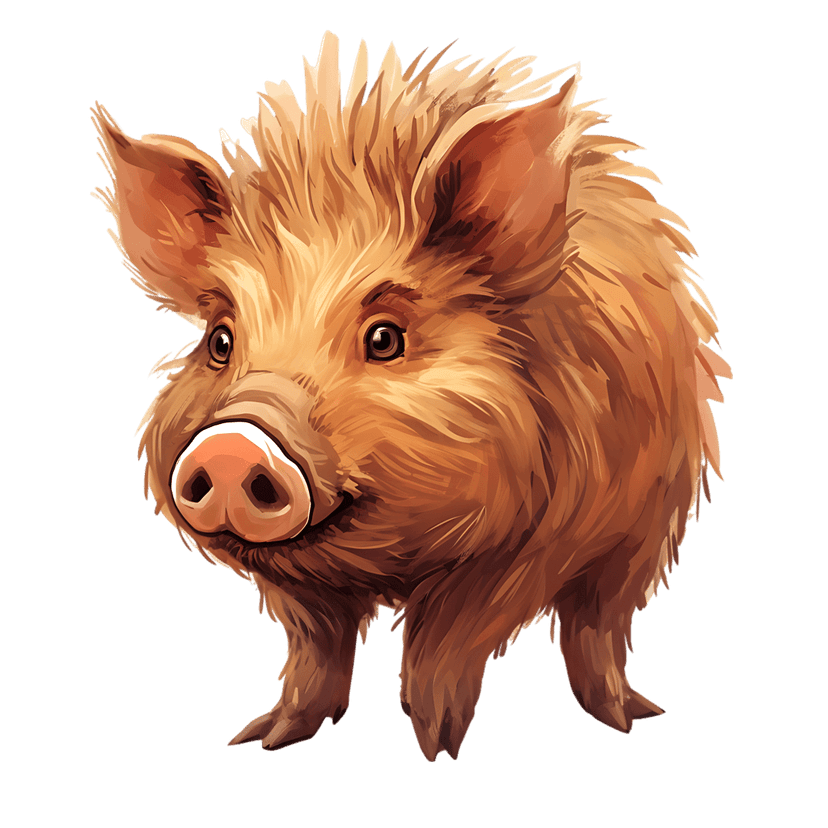 Wild boar piglet illustration with brown fur and pink snout stands against a solid dark black background.