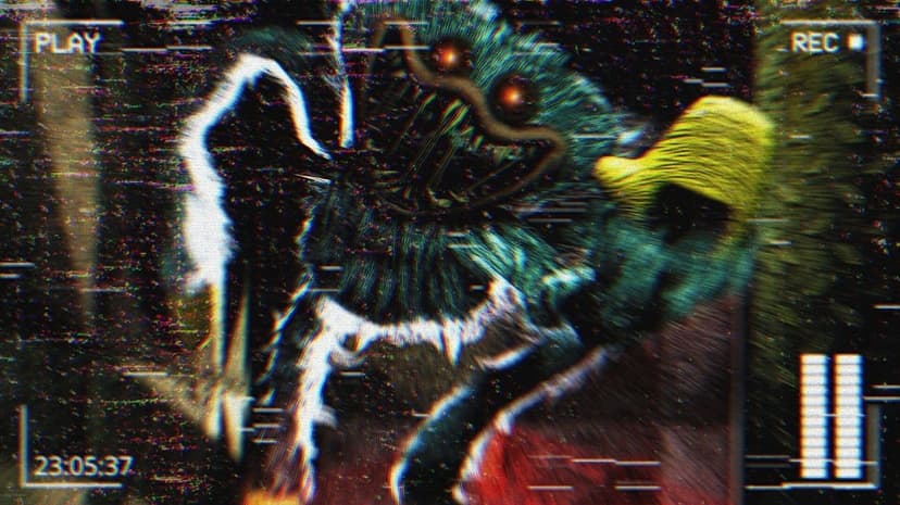 Distorted blue monster with glowing red eyes and sharp teeth viewed through a glitchy VHS camera interface.