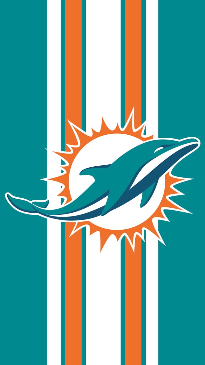 Miami Dolphins mascot leaping in front of vertical teal, white, and orange stripes on a portrait screen.