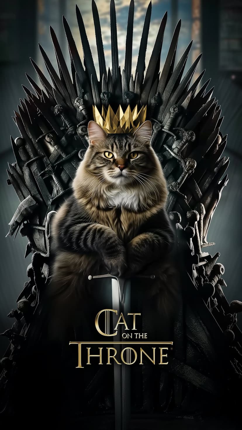 Tabby cat with a golden crown sits on a throne of swords with glowing yellow eyes and detailed grey fur texture.