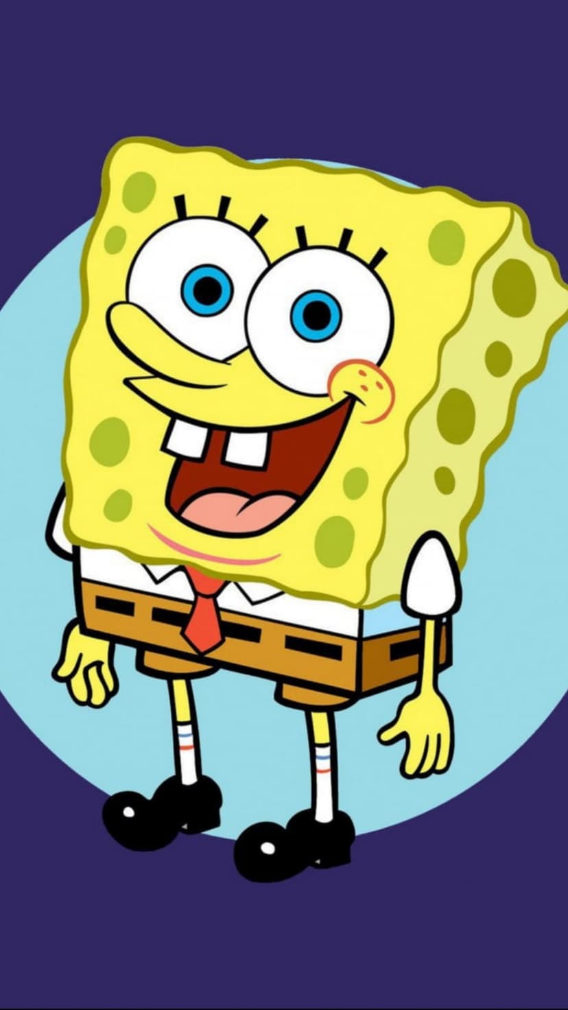SpongeBob SquarePants stands with a wide-eyed grin and open mouth against a purple and blue gradient background.