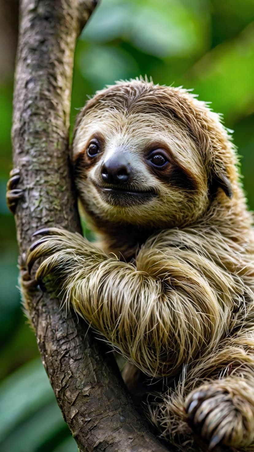 Three-toed sloth with a gentle smile and soft grey fur clings to a textured tree trunk in a lush green jungle.