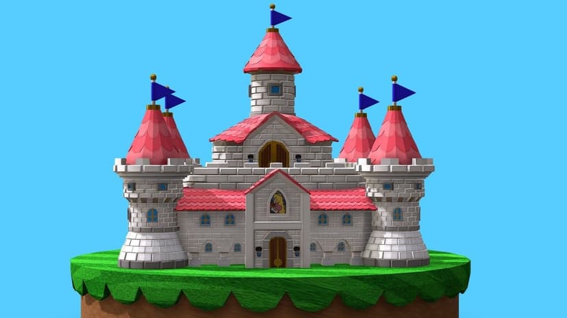 3D model of a gray stone castle with pink roofs and blue flags on a floating green island under a clear sky.