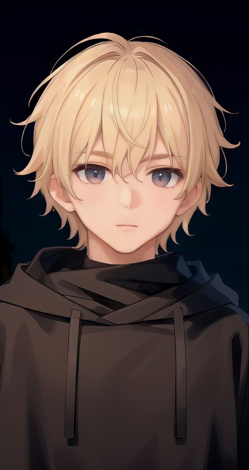 Blonde male character with messy hair and blue eyes wears a black hoodie in a dim, shadowy environment.