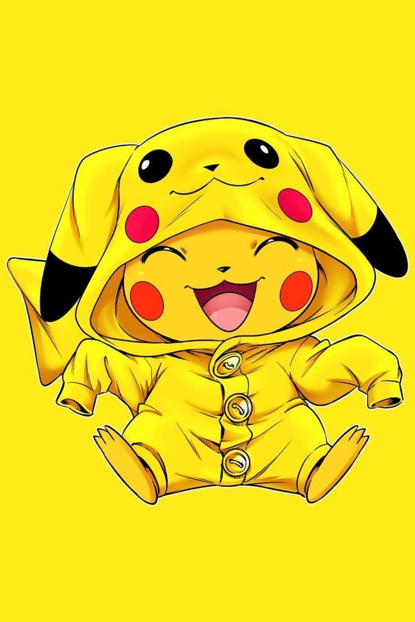 Pikachu wears a yellow hooded raincoat with ear flaps and smiles broadly against a vibrant yellow background.