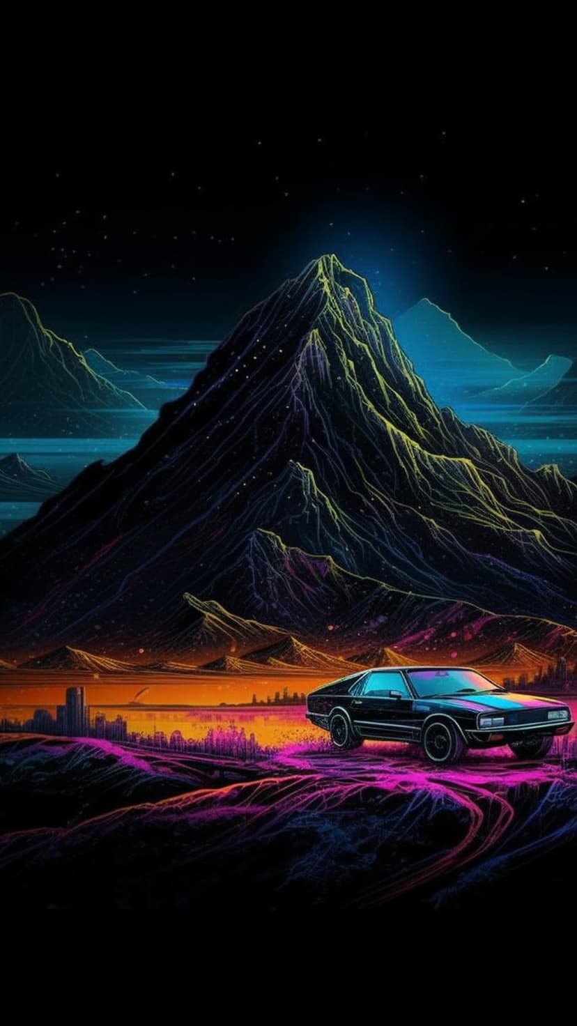 Sleek black car cruises on a neon road toward vibrant pink mountains under a dense field of stars at night.