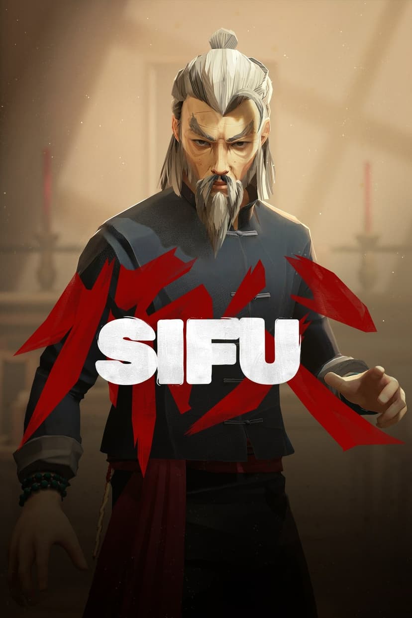 Older martial arts master with gray hair and beard in a dark tunic against a red stylized brushstroke logo.