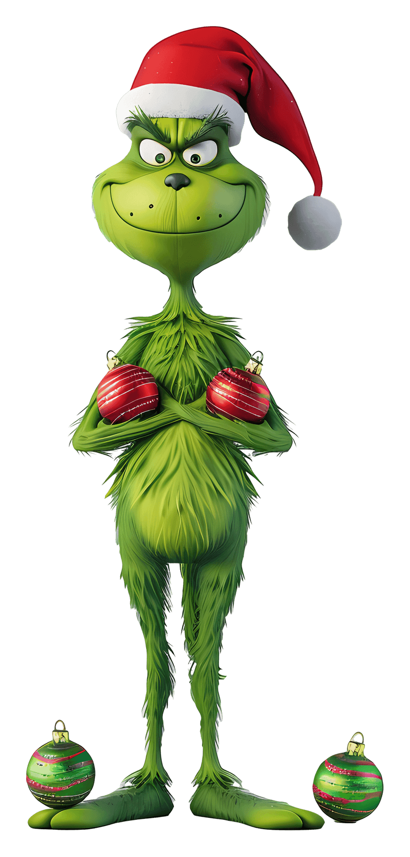Grinch character in red Santa suit and hat stands in a front-facing pose with vibrant green fur textures.