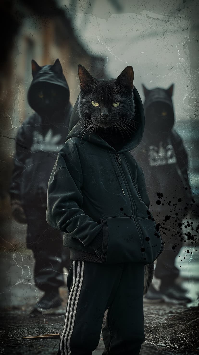Black cat with yellow eyes wearing a black hoodie stands in a dark urban alley with two companions behind him.