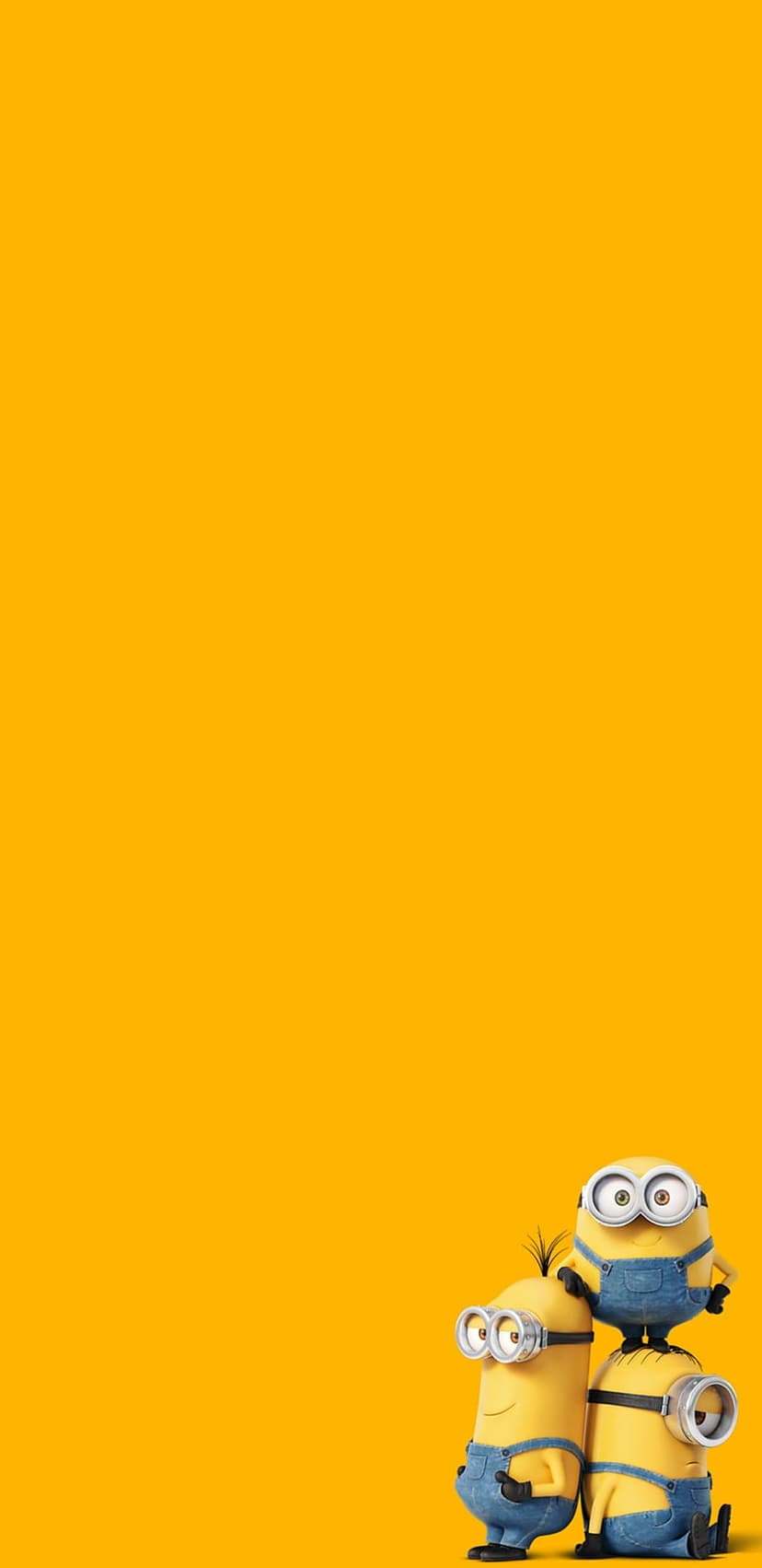 Three yellow Minions wearing goggles and denim overalls stack vertically against a solid orange backdrop.